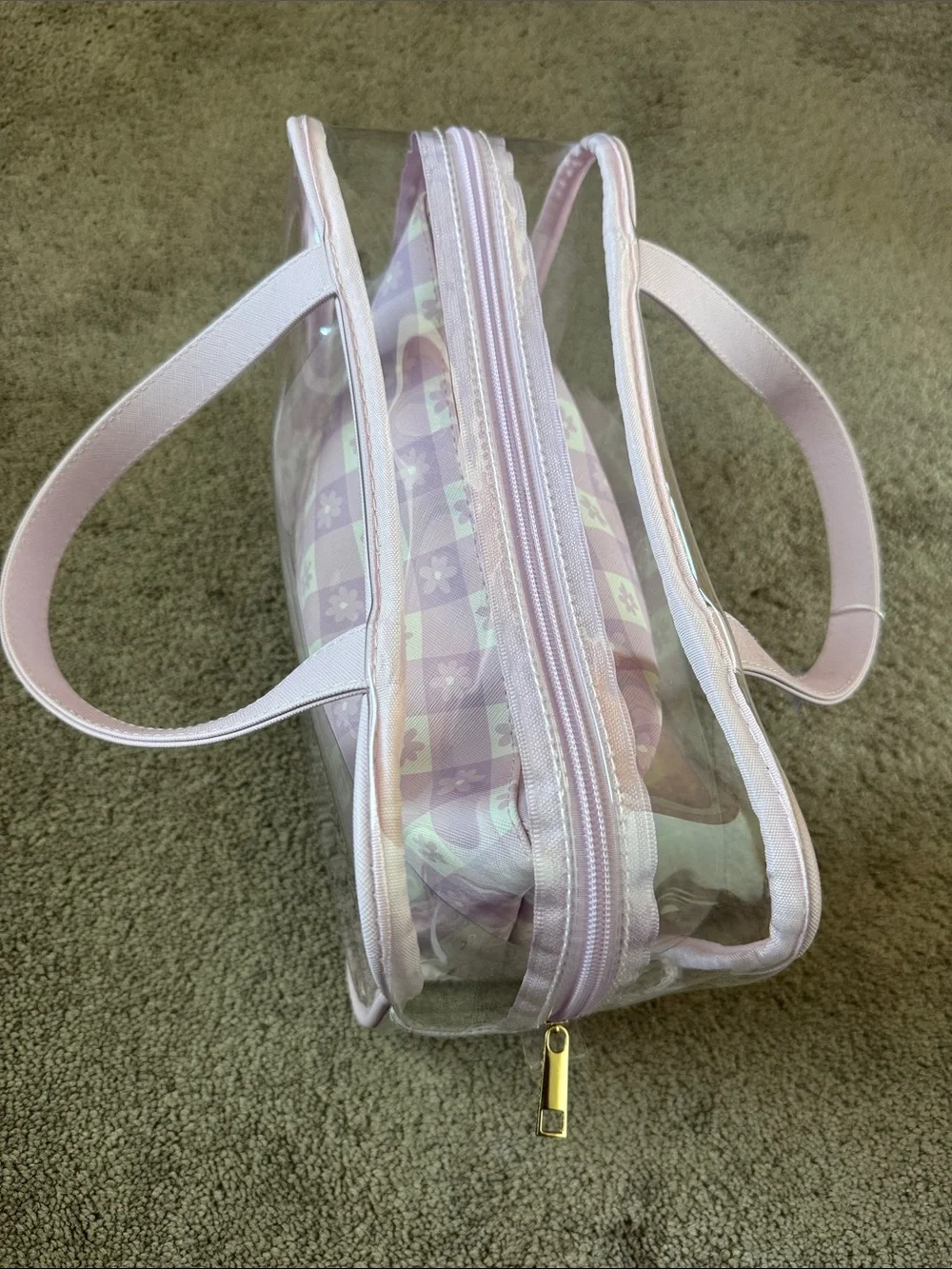 Purple Pastel Clear Mini Travel Tote Bag Checkered Floral Makeup Bag